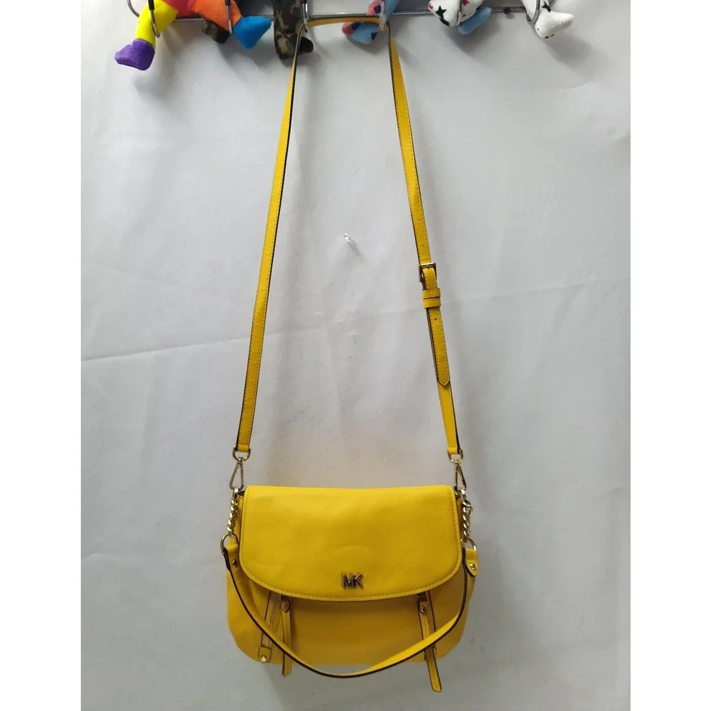 Michael Kors Evie Sunflower Yellow Leather Flap Closure Crossbody Shoulder Bag